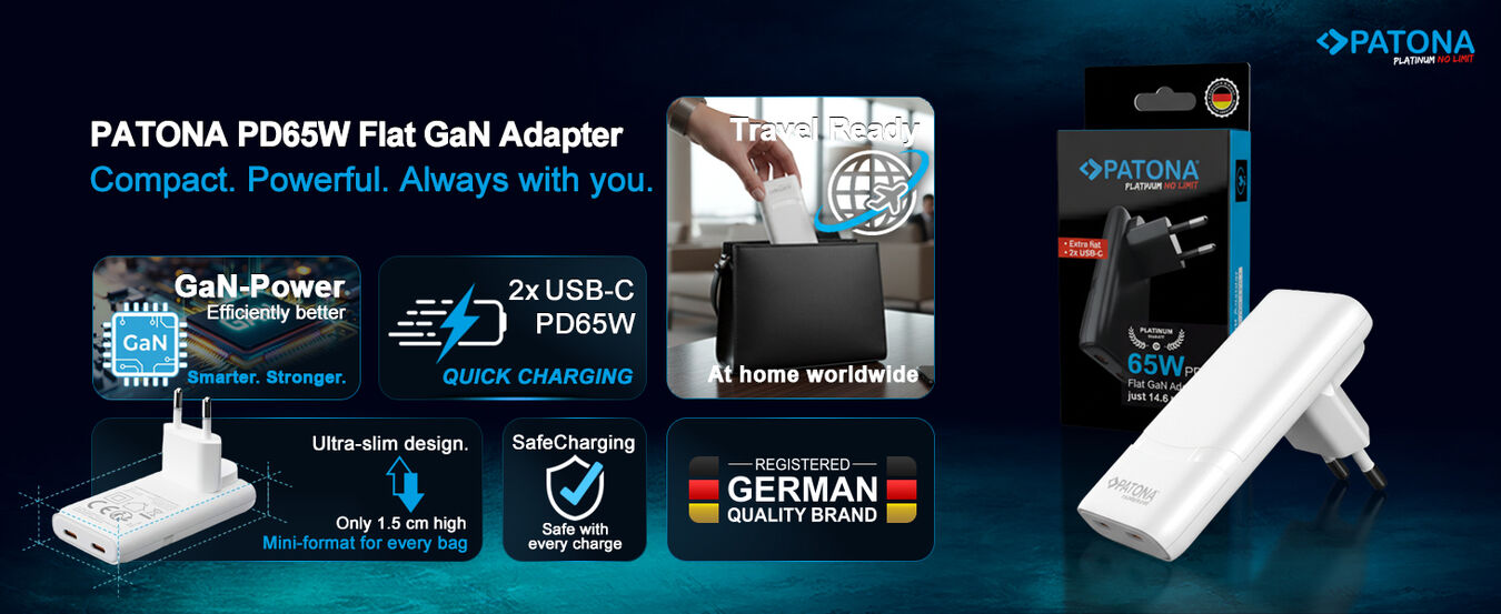 Ładowarka Patona GaN PD65W Platinum płaska 2x USB-C PD3.0 QC3.0