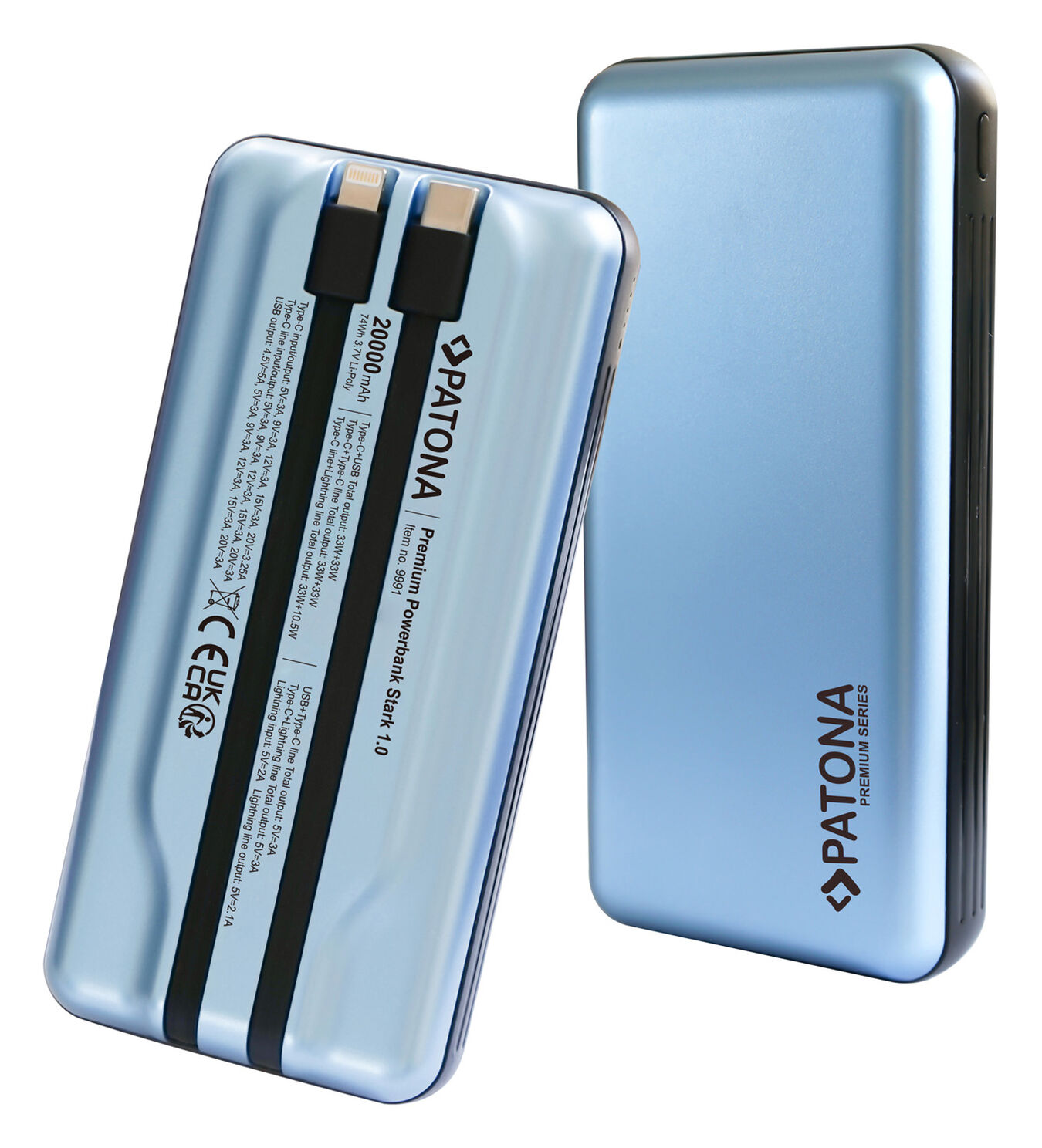 Powerbank Patona Stark 1.0 z 2 zintegrowanymi kablami ładującymi USB-C, Lightning/9991