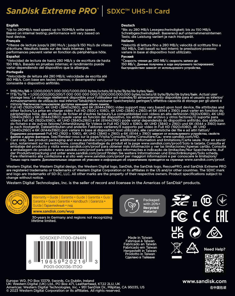 Karta pamięci SanDisk SDXC Extreme PRO 1TB (280MB/s) V60 UHS-II U3/SDSDXEP-1T00-GN4IN