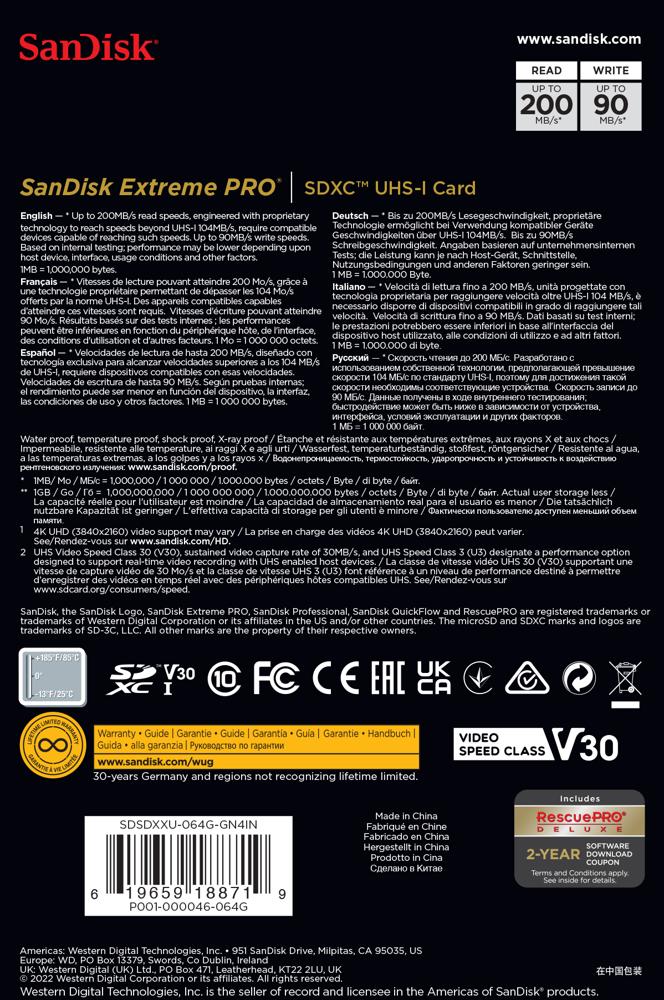 Karta pamięci SanDisk SDXC Extreme PRO 64GB (200MB/s) V30 UHS-I U3/SDSDXXU-064G-GN4IN