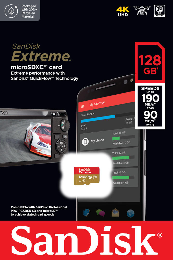 Karta pamięci SanDisk microSDXC Extreme 128GB (190MB/s) V30 A2+ adapter SD/SDSQXAA-128G-GN6MA